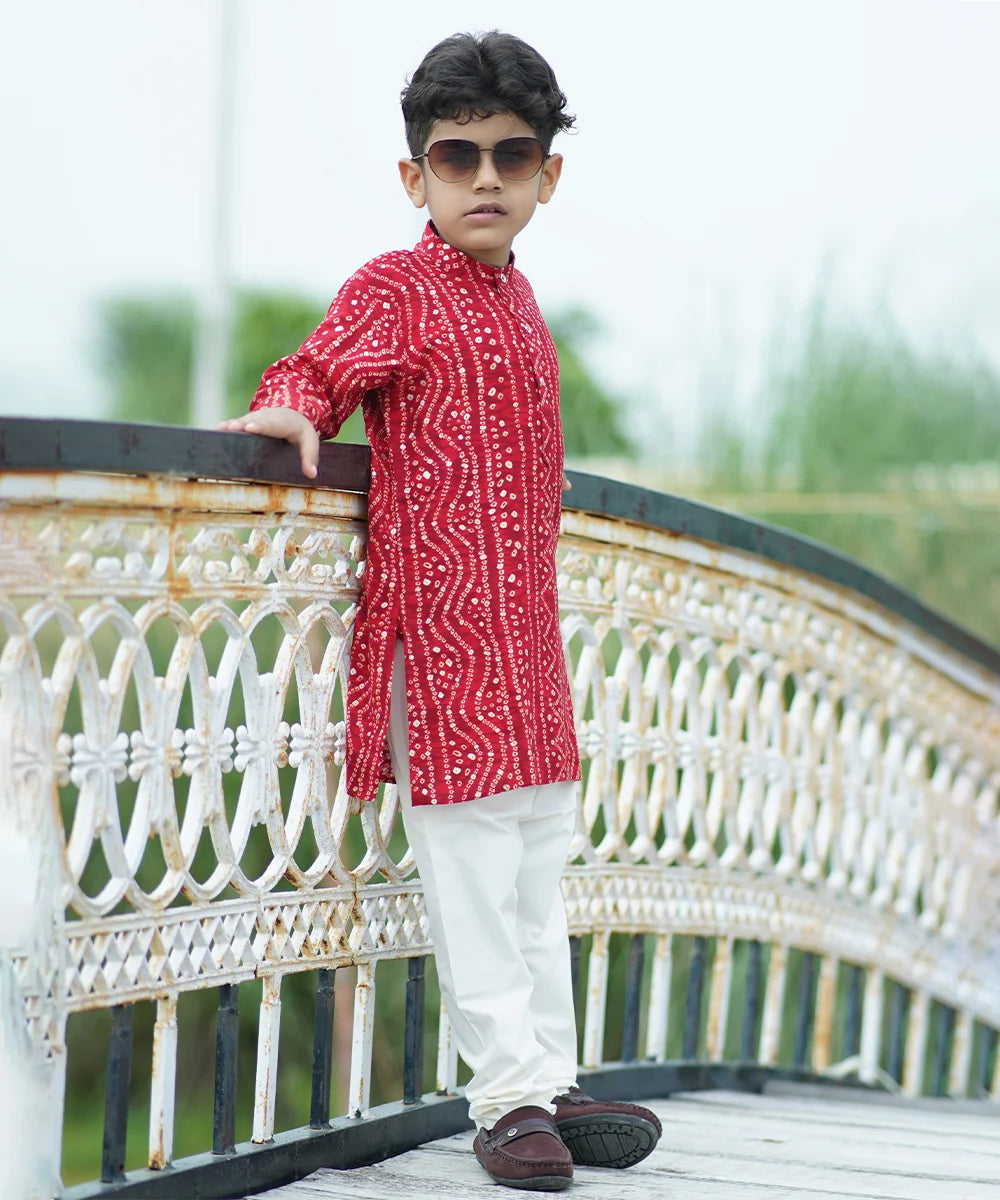 Red Bhandej Kurta with White Pajama for Boys