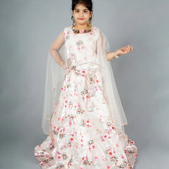 This cream Colored dress consists of a long floral printed gown and a white coloured cape curated from the soft fabric. It features a matching belt and floral detailing on the cape. Moreover, it comes with matching sleeves that can be stitched as per the requirement.