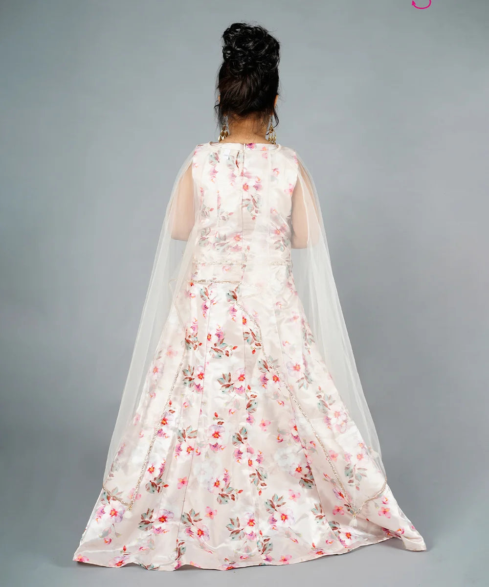 Cream Colored Self-Printed Gown with a Cape for Girls