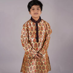 yellow wedding wear kurta set with maroon chudidars for boys 