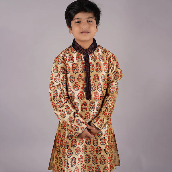 yellow wedding wear kurta set with maroon chudidars for boys 