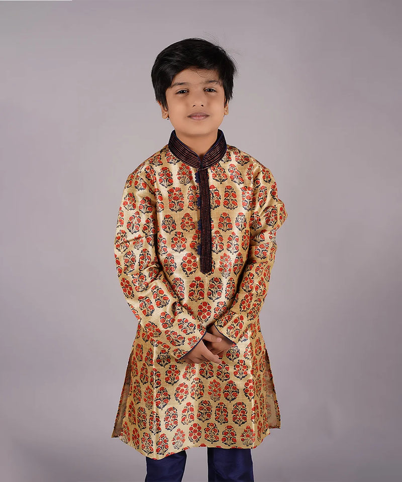 yellow wedding wear kurta set with maroon chudidars for boys 