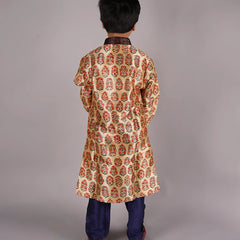 back view of yellow printed kurta set for boys 