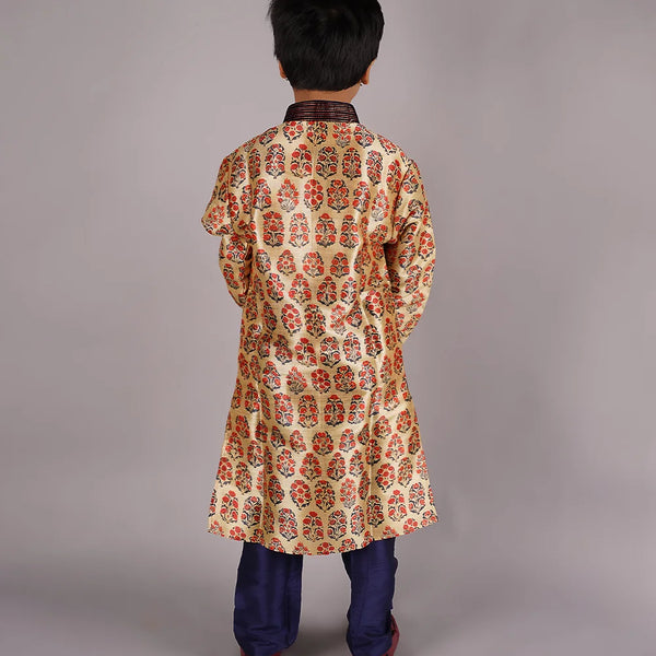 back view of yellow printed kurta set for boys 
