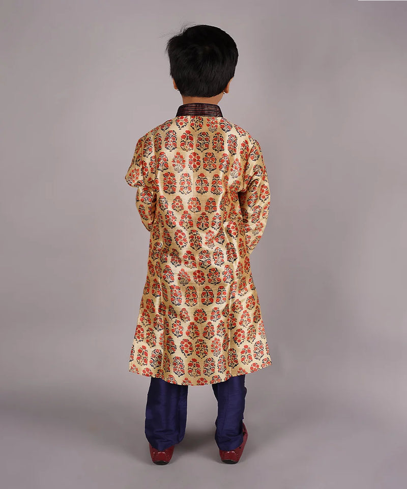 back view of yellow printed kurta set for boys 