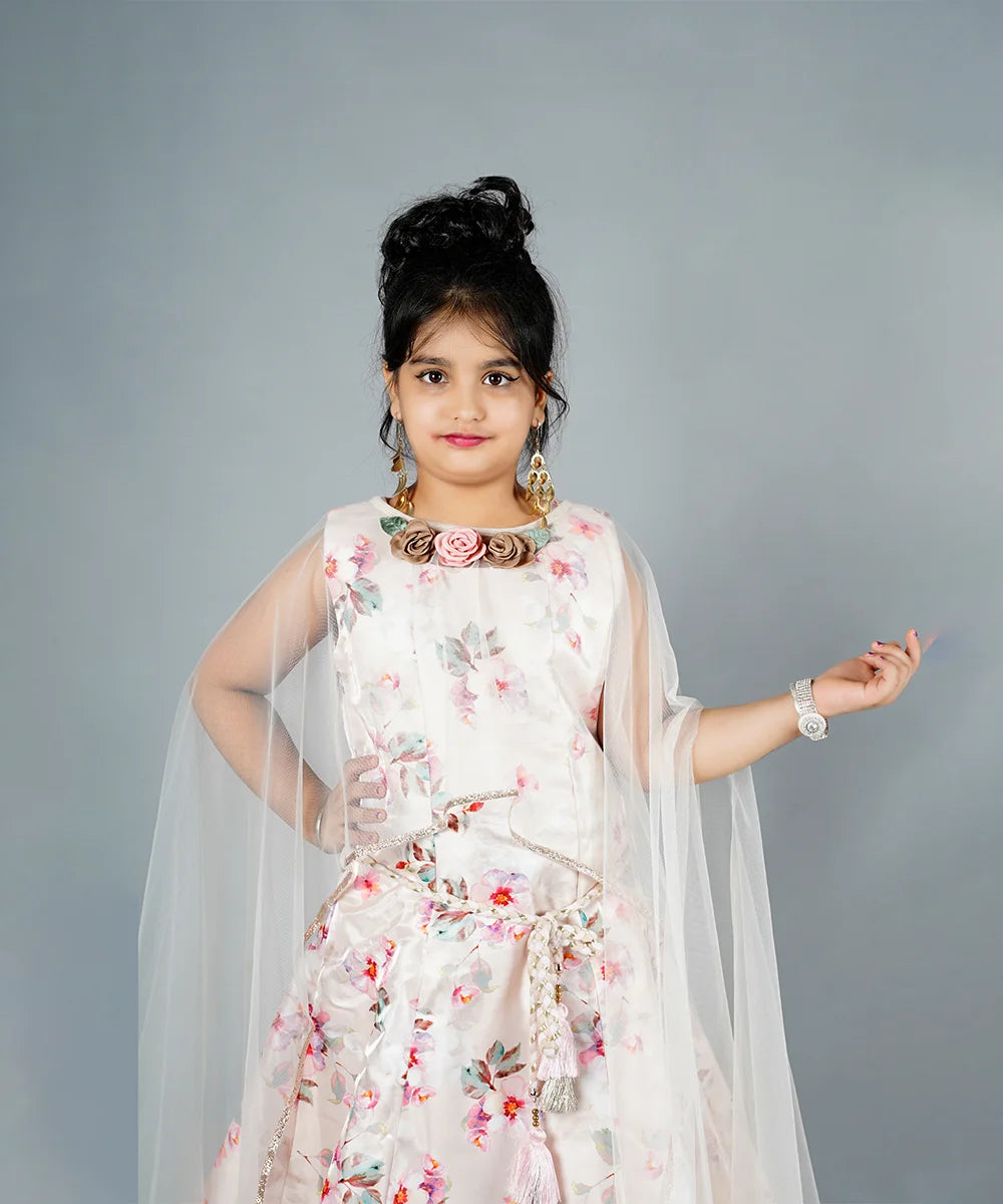 Cream Colored Self-Printed Gown with a Cape for Girls
