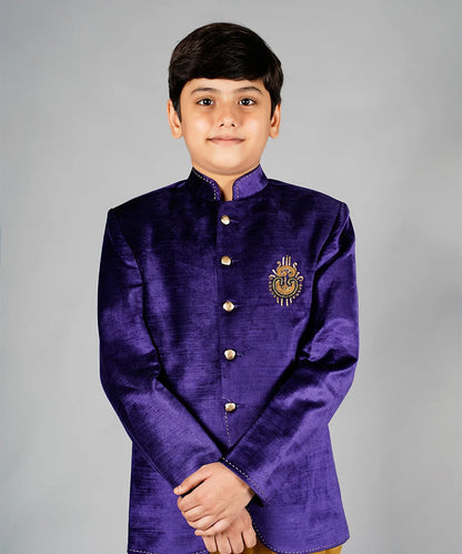 Purple Velvet Jodhpuri Coat with Beige Breeches Pants for Boys