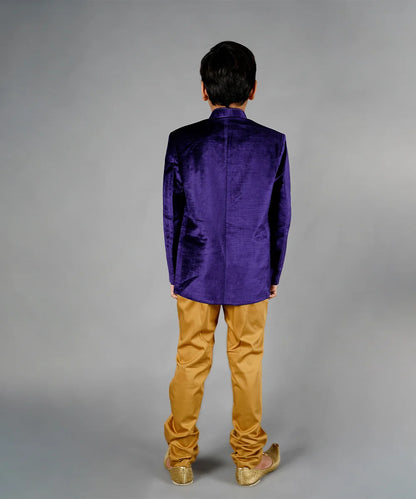 Purple Velvet Jodhpuri Coat with Beige Breeches Pants for Boys