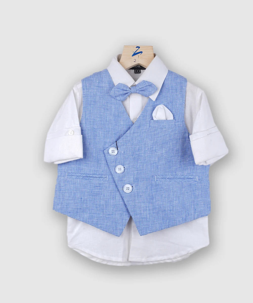 Dress up your little boy in these light blue-coloured self-checkered waistcoat sets that come in a mix of many colours. It comes with a white linen shirt, matching pocket square, cotton waistcoat, matching bow and Pants.