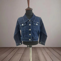 It's a little girl blue colored denim jacket with a beautiful cartoon print and butterfly patch detailing. 