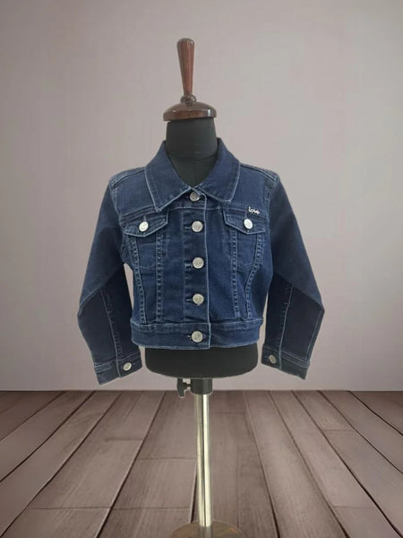 It's a little girl blue colored denim jacket with a beautiful cartoon print and butterfly patch detailing. 