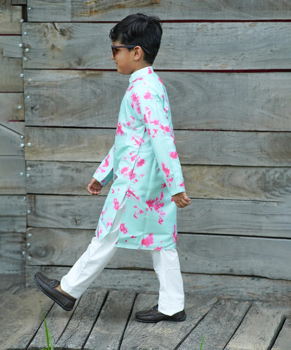 Light Sea Green Colored Tie & Dye Kurta-Pyjama Set for Boys