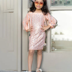  It’s a pretty peach Colored sequin dress that comes with a back zip closure. It features designer slit style sleeves and floral details on the neck.