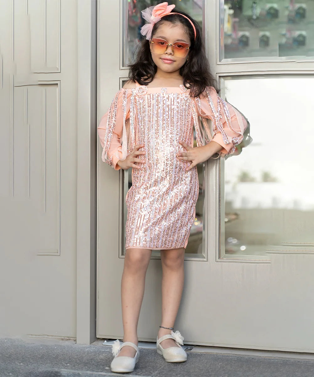  It’s a pretty peach Colored sequin dress that comes with a back zip closure. It features designer slit style sleeves and floral details on the neck.