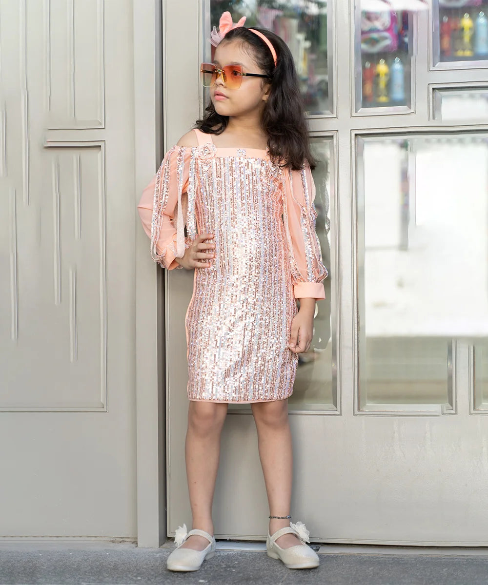 Peach Color Sequin Party Wear Dress for Girls
