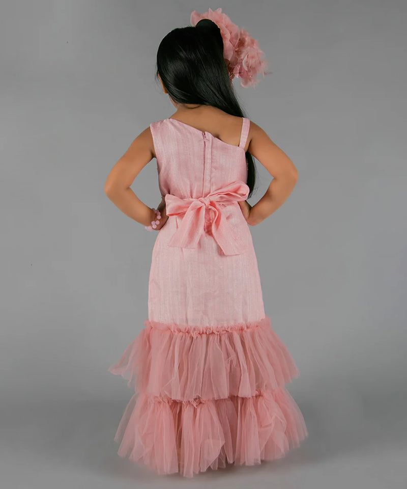 back view of pink full length gown for baby girl 