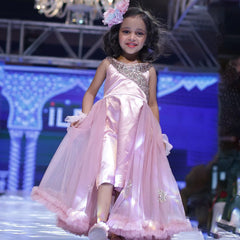 beautiful pink shimmer gown with net trail for girls 
