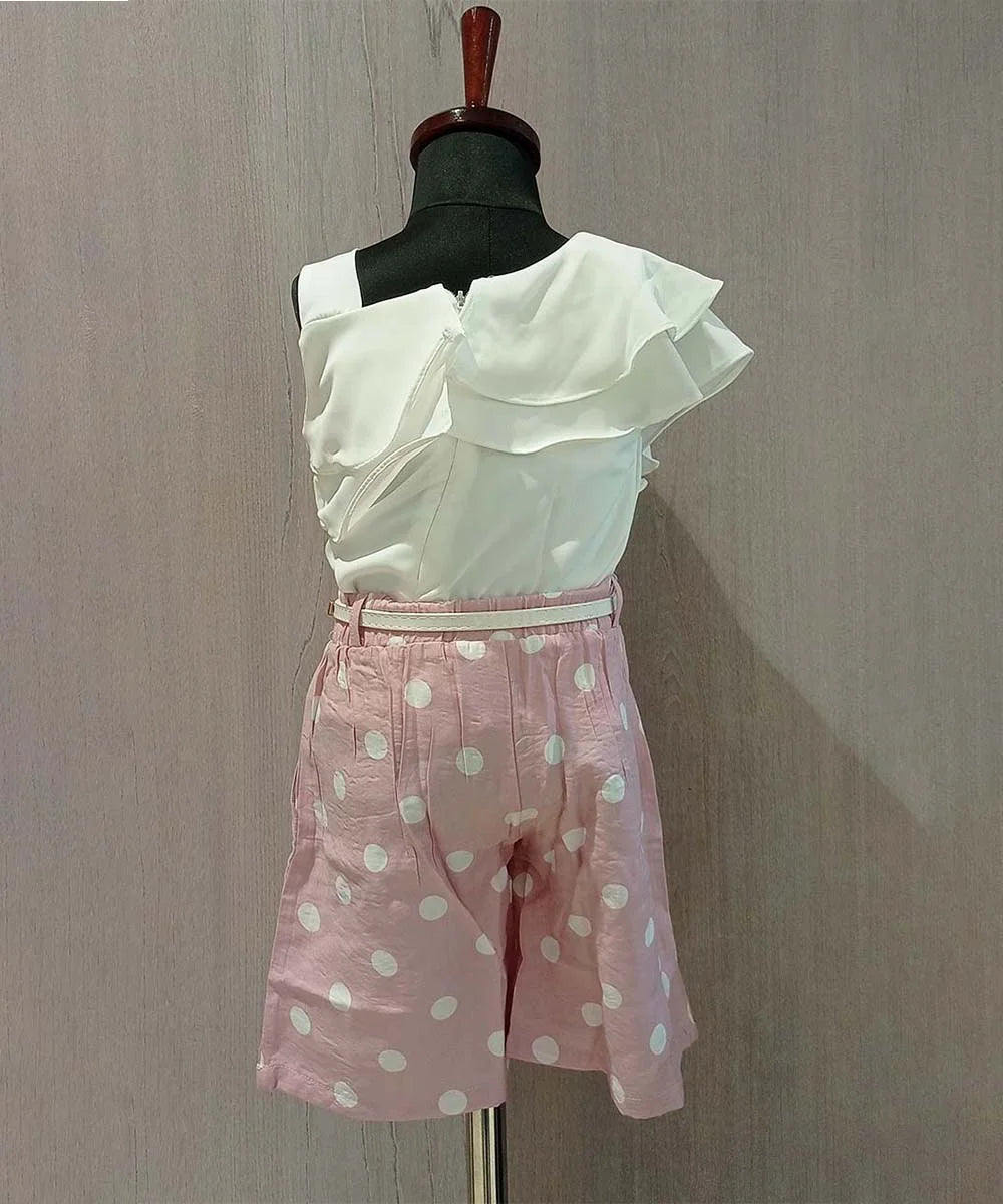 White and Pink Colored Polka Dotted Shorts Set for Girls