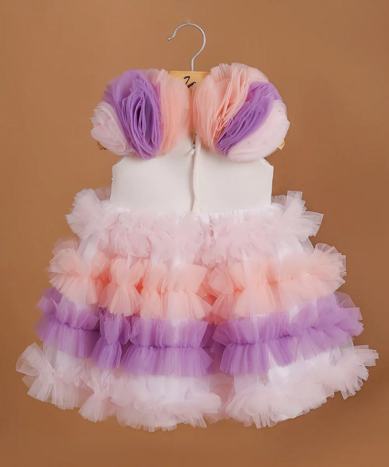back view of multi-colour frilly frock for baby girls 