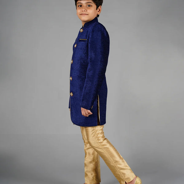 navy velvet sherwani with golden pants for boys 