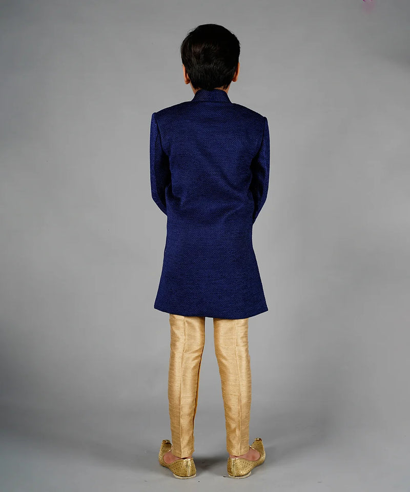 back view of navy velvet sherwani for boys 