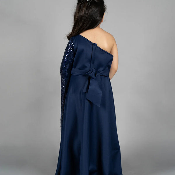 back view of navy blue gown for girls 