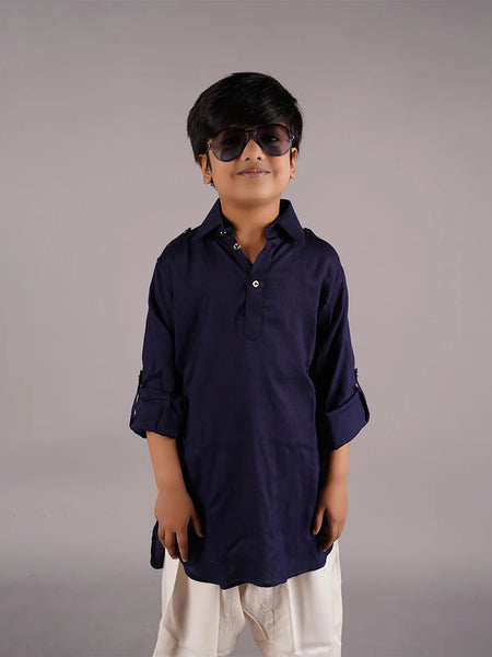 wedding wear solid navy kurta with cream salvar for boys 