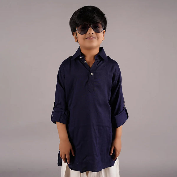 wedding wear solid navy kurta with cream salvar for boys 