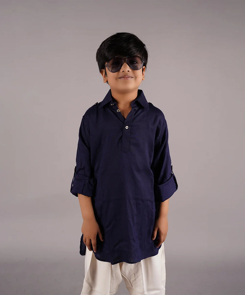 wedding wear solid navy kurta with cream salvar for boys 