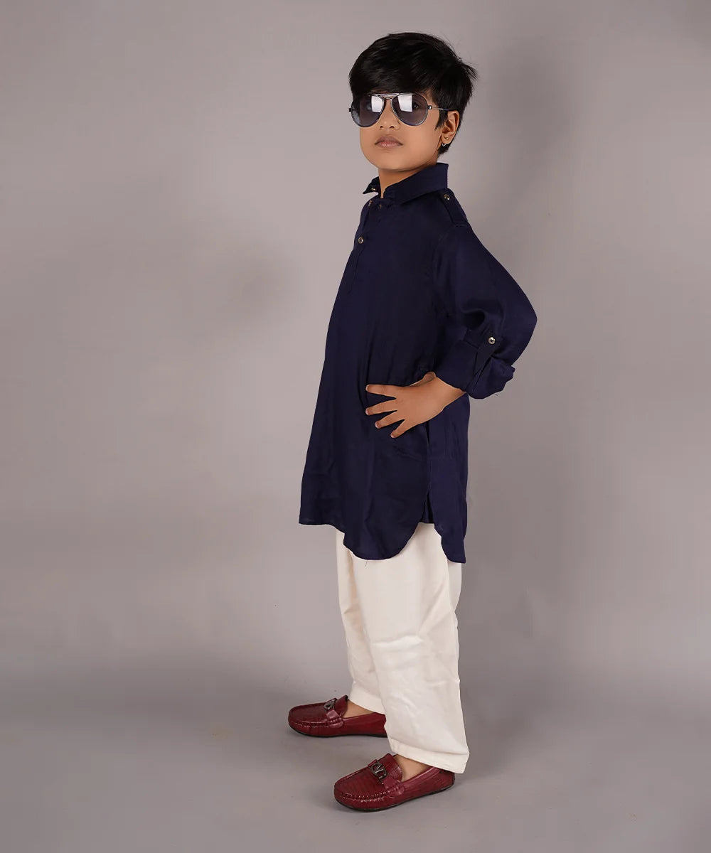 Navy Colored Pathani Kurta Pyjama set for Boys