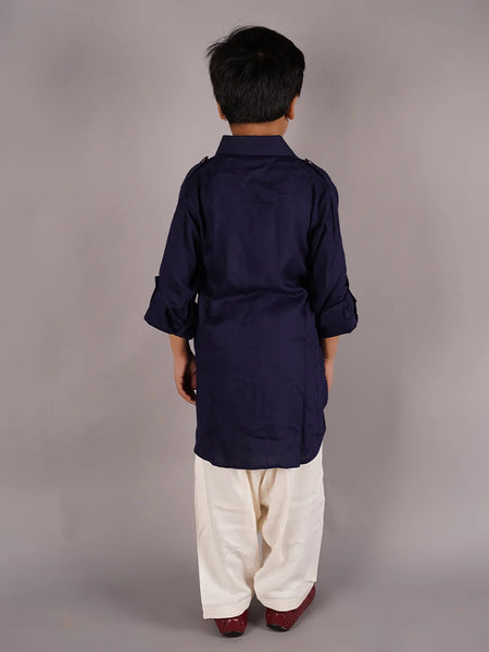 back view of solid navy kurta salvar set for boys