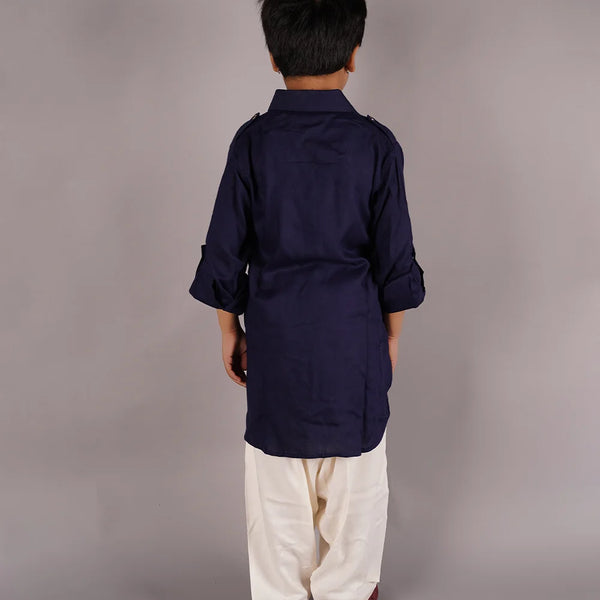 back view of solid navy kurta salvar set for boys
