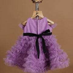 back view of purple off shoulder frock for baby girls 