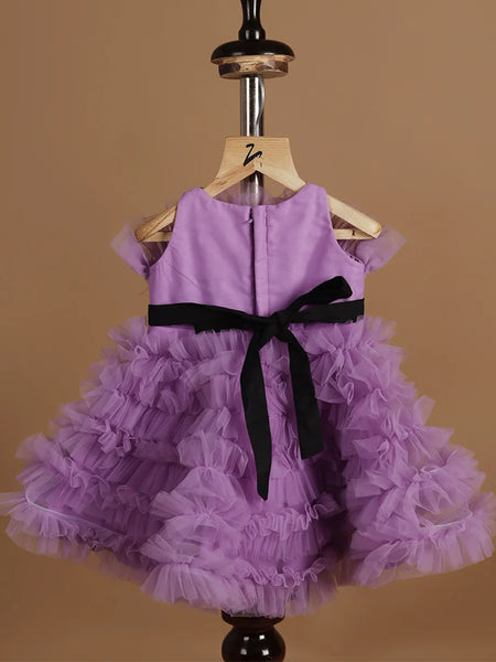 back view of purple off shoulder frock for baby girls 