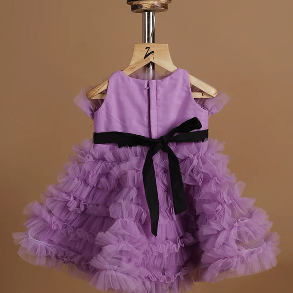 back view of purple off shoulder frock for baby girls 