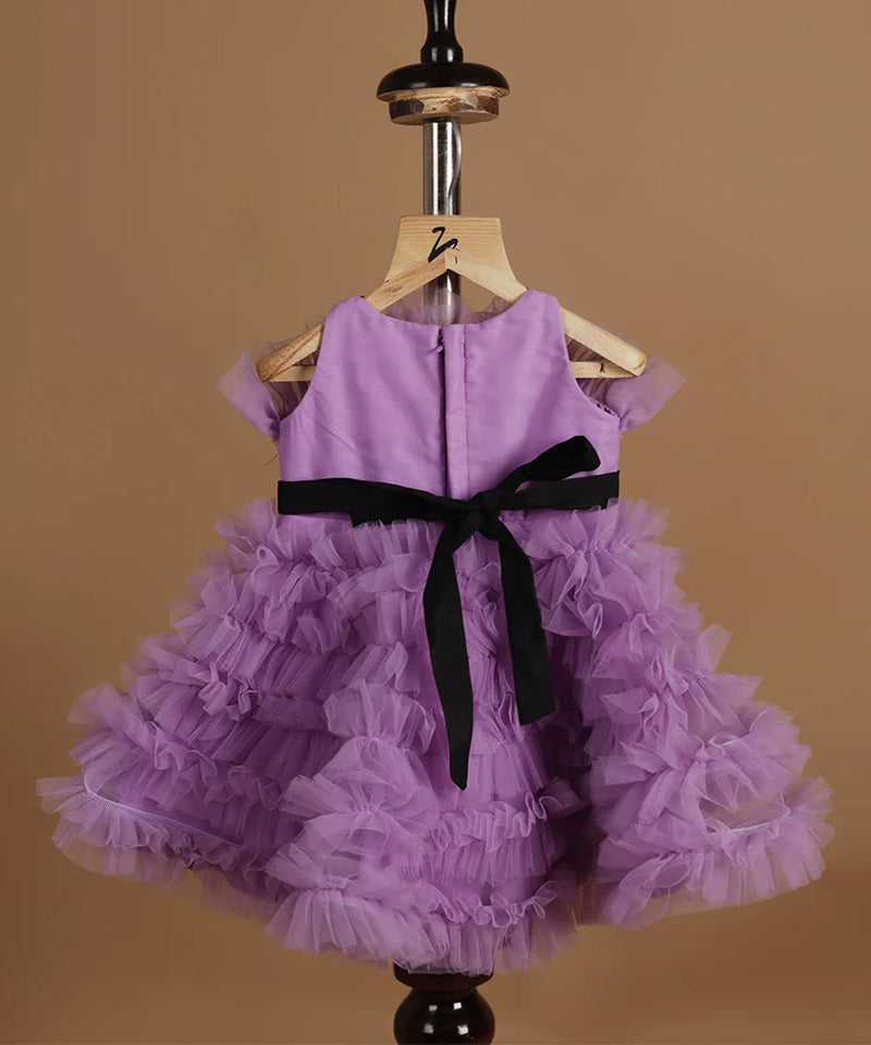 back view of purple off shoulder frock for baby girls 