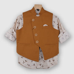 It is a beautiful mustard Color party wear waist coat set for boys. It comes with a printed shirt, a pocket square and a matching mustard Colored pant. 