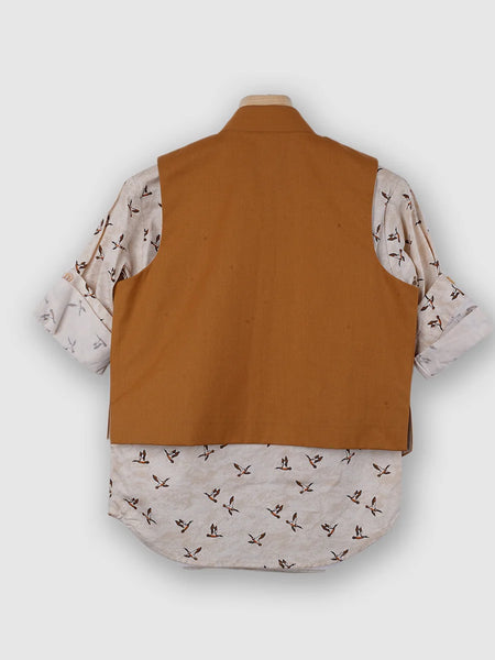back view of mustard waist coat suit set for boys 