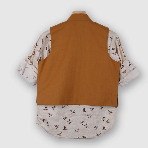 back view of mustard waist coat suit set for boys 