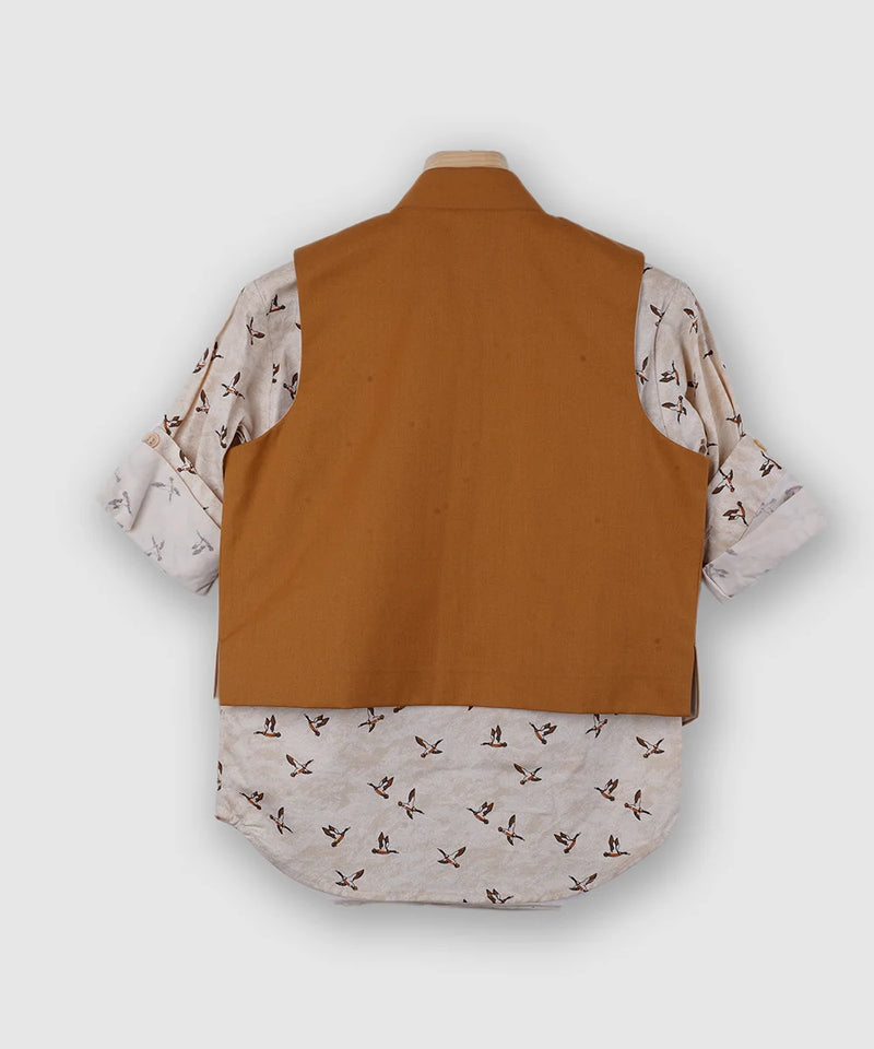 back view of mustard waist coat suit set for boys 