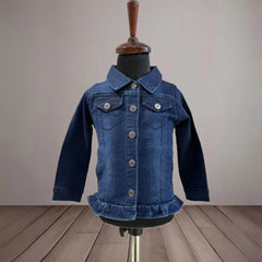 It is a cool blue colored denim jacket for baby girls with cute frill detailing on it.