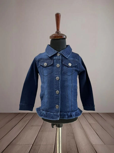 It is a cool blue colored denim jacket for baby girls with cute frill detailing on it.
