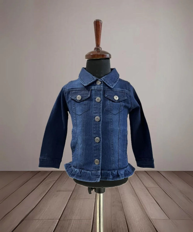 It is a cool blue colored denim jacket for baby girls with cute frill detailing on it.