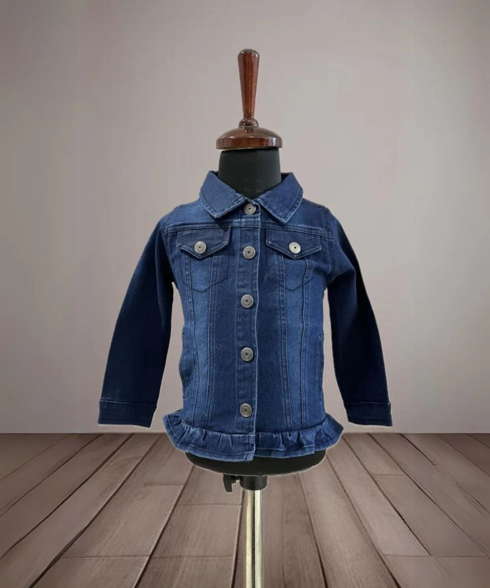 It is a cool blue colored denim jacket for baby girls with cute frill detailing on it.