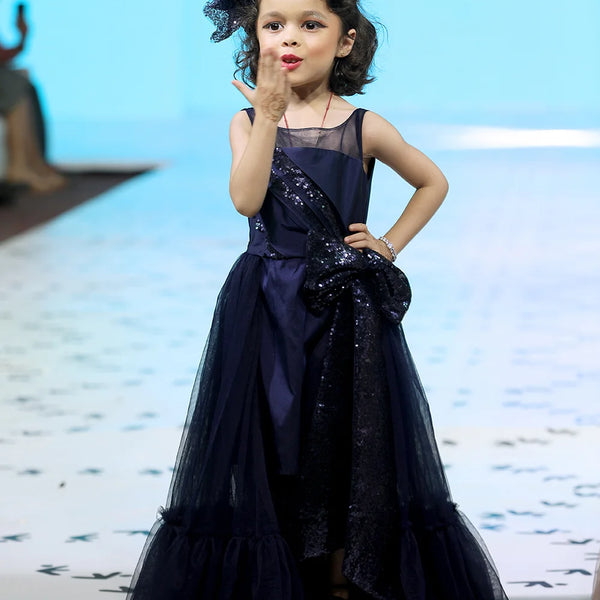 navy blue shimmer party wear gown for girls 