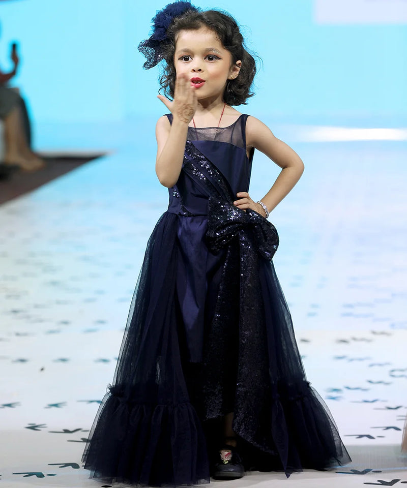 navy blue shimmer party wear gown for girls 
