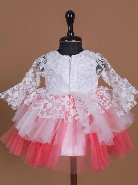 back view of white & pink frock for baby girls 