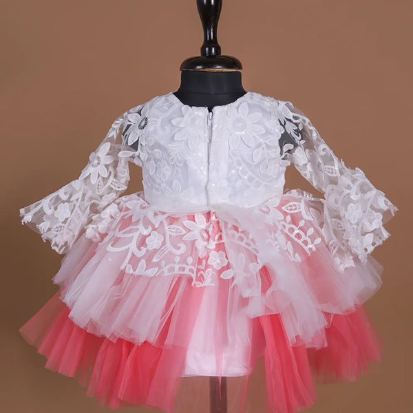 back view of white & pink frock for baby girls 