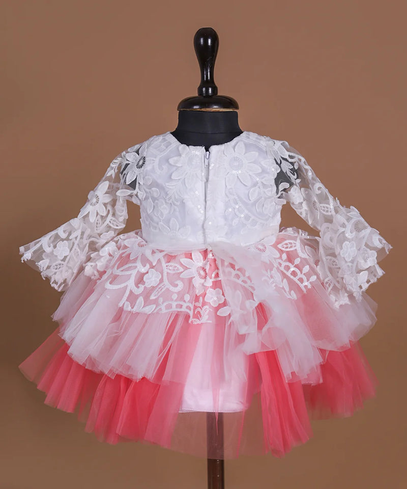 back view of white & pink frock for baby girls 