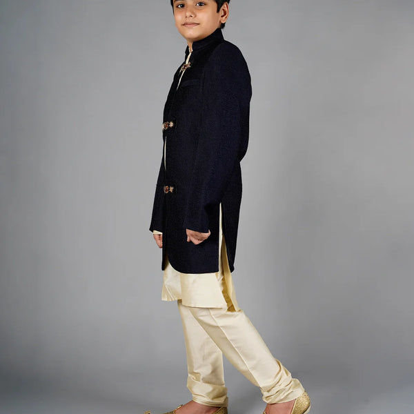 designer navy blue sherwani with cream kurta & pajama for boys 